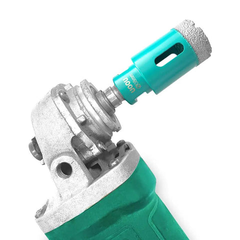 Close-up of a drill with a 35mm diamond core drill bit hole saw, part of a Diamond Core Drill Bits Hole Saw Set For Porcelain Tile Granite Marble Stone Brick Dry Wet Drilling Vacuum Brazed 6 Piece Set 06 08 10 25 35 45mm Sizes Built For Clean, Precise Cuts In Ceramic, Stone, And Masonry