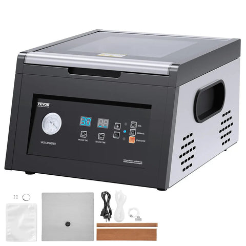 Chamber Vacuum Sealer 380W Pump Power for Home Kitchen with digital display and accessories for enhanced freshness preservation.