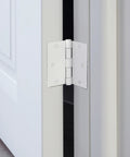 Close-up of Heavy Duty Interior Door Hinges 3 Pack White 3 Point 5 Inch Square Corner Steel Removable Pin in use on a door.