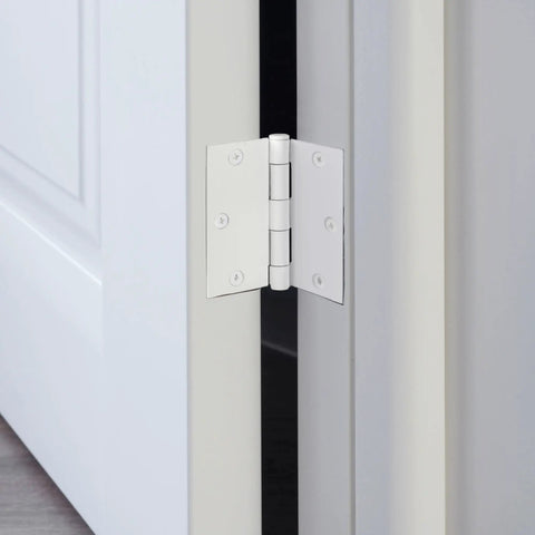 Close-up of Heavy Duty Interior Door Hinges 3 Pack White 3 Point 5 Inch Square Corner Steel Removable Pin in use on a door.