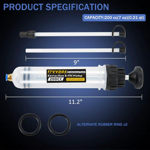 Heavy Duty 200 Cc Automotive Fluid Extractor Pump With Hose, 200cc capacity, 11.2 inches, with alternate rubber rings.