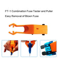 Solid Go-To Auto Fuse Tester And Puller Set Featuring Crisp LED Lights For Atc Atm Maxi Blade Fuses Quick Circuit Check, showing orange tester in use.