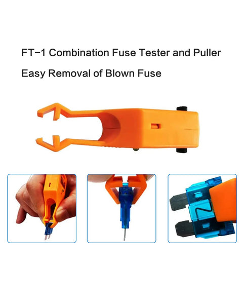 Solid Go-To Auto Fuse Tester And Puller Set Featuring Crisp LED Lights For Atc Atm Maxi Blade Fuses Quick Circuit Check, showing orange tester in use.