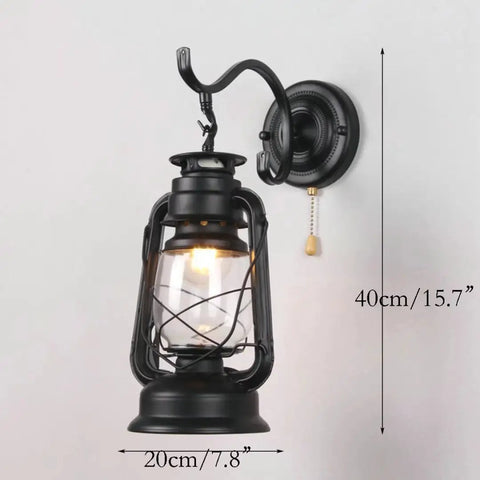 Pull Chain Lantern Wall Sconce With Metal Frame And Transparent Glass Shade, Old School Rustic Vibe, 20cm x 40cm size