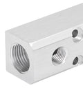 Close-up of Heavy Duty Aluminum Pneumatic Manifold Block With G1/2 Inlet And G1/4 Outlets 30x30mm Air Distribution Hub for automation gear.