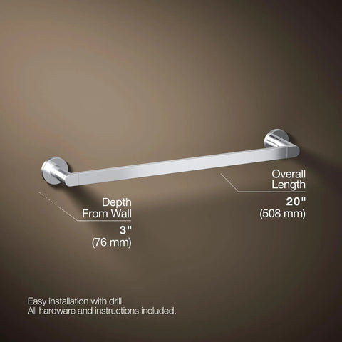 Composed 18 Inch Towel Bar In Polished Chrome, Tarnish Resistant, Durable Chrome Plated Steel, Simple wall-mounted installation view