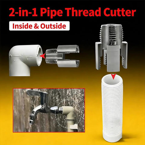 2-in-1 Pipe Thread Cutter showing inside and outside threading for PVC and plastic pipes. Ideal for plumbing repairs.