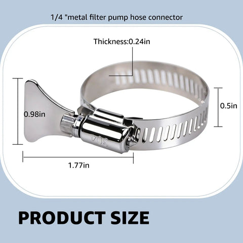 Close-up of a 1-1/4 inch stainless steel hose clamp with adjustable thumb screw for pool filter pump hoses and PVC tubing.