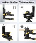 Fine Tuning Laser Level Bracket With Quarter Inch 20 Threaded L Shape Magnetic Pivot Base Adjustable Clip For Wall Or Ceiling Mount 360 Degree Rotation And Height Adjustment Pro Grade Precision Built For Pros shown in various mounting methods.
