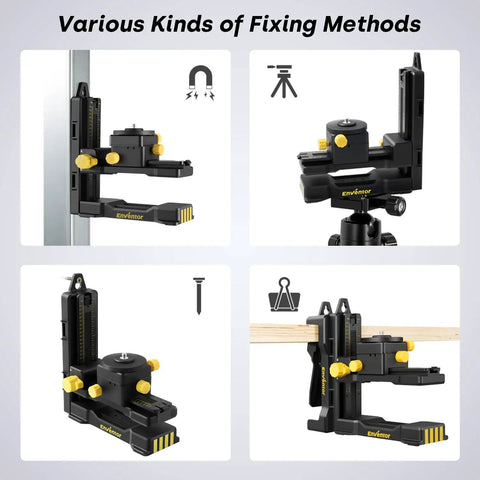 Fine Tuning Laser Level Bracket With Quarter Inch 20 Threaded L Shape Magnetic Pivot Base Adjustable Clip For Wall Or Ceiling Mount 360 Degree Rotation And Height Adjustment Pro Grade Precision Built For Pros shown in various mounting methods.
