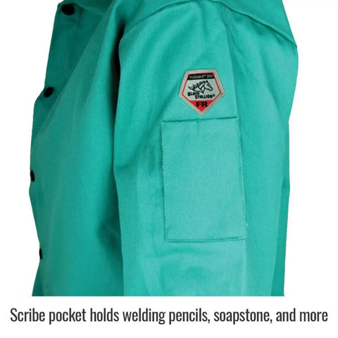 Flame Resistant 9 Oz Cotton Welding Jacket with Stand-Up Welder's Collar showcasing scribe pocket detail, green XL