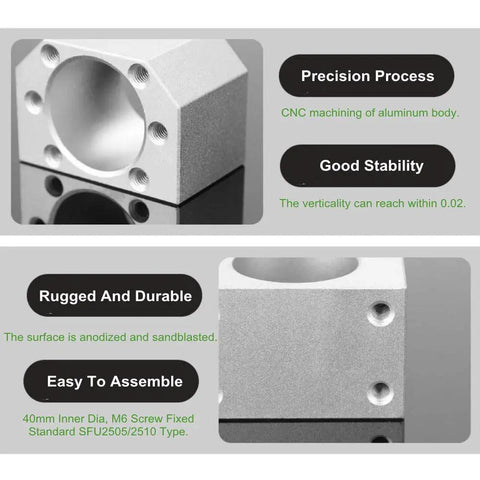 Aluminum Ball Screw Nut Housing Bracket For SFU 2505 And SFU 2510 DSG25H showing precision CNC machined aluminum body