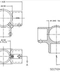 Brushed Aluminum Center Cross Brace Fitting Links 1-5/8 Vertical Pipes To Three 1-1/4 Horizontal Rails technical drawing with measurements