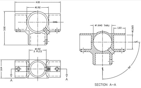 Brushed Aluminum Center Cross Brace Fitting Links 1-5/8 Vertical Pipes To Three 1-1/4 Horizontal Rails technical drawing with measurements