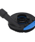 Badass Angle Grinder Dust Collecting Guard For 100Mm And 115Mm Small Grinders With Osha Compliant Triple Layer Concrete Filtering And Reinforced Abs Protective Shield Cover attachment with black brush and blue detail.
