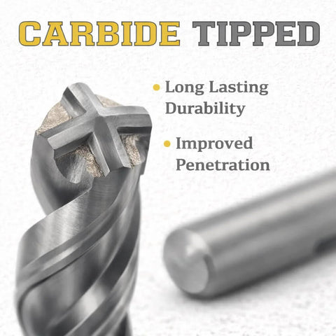 Carbide-tipped SDS Plus masonry drill bit; close-up of gray steel tip with spiral flutes.