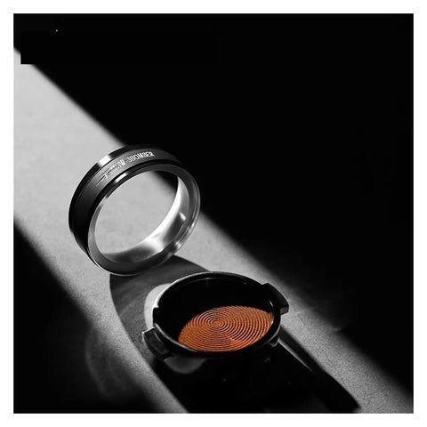 58mm WDT Needle Tool Coffee Distributor Complete Toolkit With Adjustable Dosing Ring and espresso puck prep in shadow.