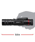 PX1 565 Lumen Pure Beam Focusing LED Flashlight With Twist Focus shown in hand with size indication, black finish, pocket clip