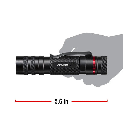 PX1 565 Lumen Pure Beam Focusing LED Flashlight With Twist Focus shown in hand with size indication, black finish, pocket clip