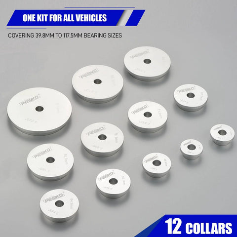 Bearing Race And Seal Driver Kit 12 Piece Universal Wheel Bearing Installer Tool components on display with size range noted