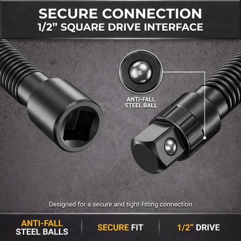 Flexible One Half Inch Drive Socket Extension Bar With 90 Degree Offset Wrench Head, close-up showing anti-fall steel balls
