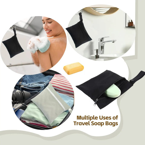 2 Pcs Travel Soap Bags Set with 2 Leakproof Waterproof Cases and 2 Foaming Nets shown in black and grey for multiple uses