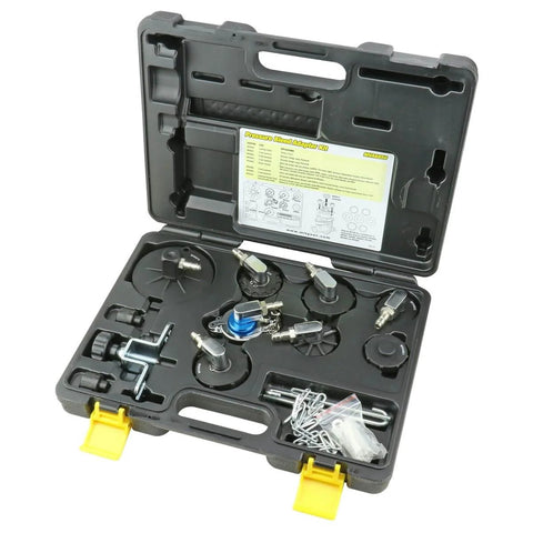 Pro Grade Hydraulic Brake And Clutch Pressure Bleeding System DIY Friendly With 1.2 Gallon Reservoir And Seven Master Cylinder Adapters in a durable storage case