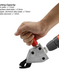 Hand holding Drill Powered Sheet Metal Cutter Attachment with Quick Connect Scissor Blade for Cutting Steel, stainless, barbed wire.