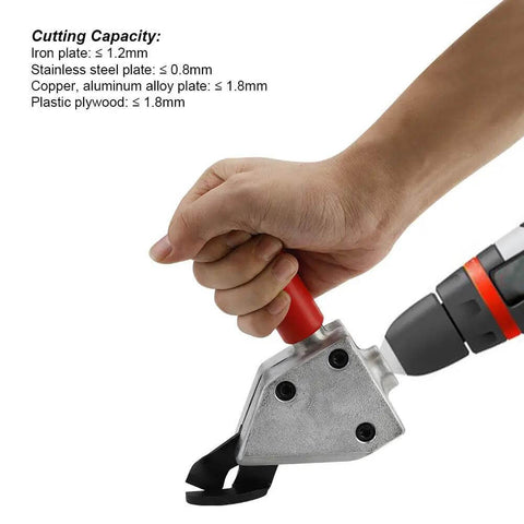Hand holding Drill Powered Sheet Metal Cutter Attachment with Quick Connect Scissor Blade for Cutting Steel, stainless, barbed wire.