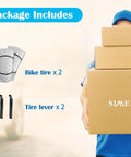 Package contents with two folded bike tires and tire levers next to a person holding boxes, product focus Two Pack Kids BMX Bike Tires 12.5 Inch By 2.125 Inch Replacement Set