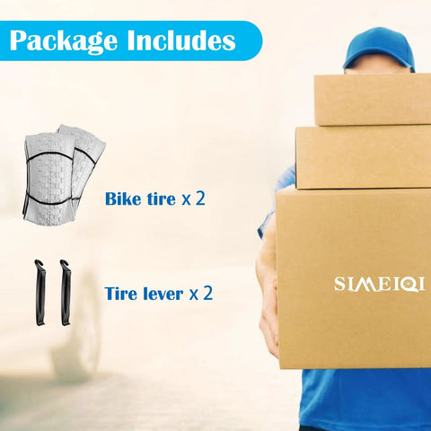 Package contents with two folded bike tires and tire levers next to a person holding boxes, product focus Two Pack Kids BMX Bike Tires 12.5 Inch By 2.125 Inch Replacement Set