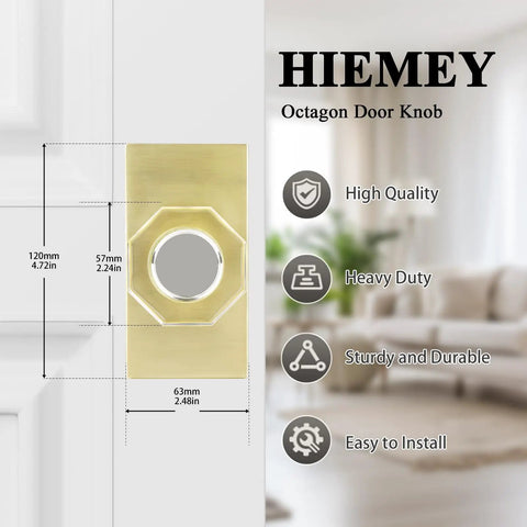 Close-up of Octagon Glass Crystal Dummy Door Knob Satin Brass Non Turning Gold For Closet And Hall with dimensions and features.