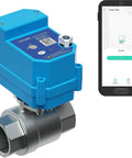 Smart Motorized Stainless Steel Ball Valve Kit For Water Control, LoRa Wireless, shown with control app on phone