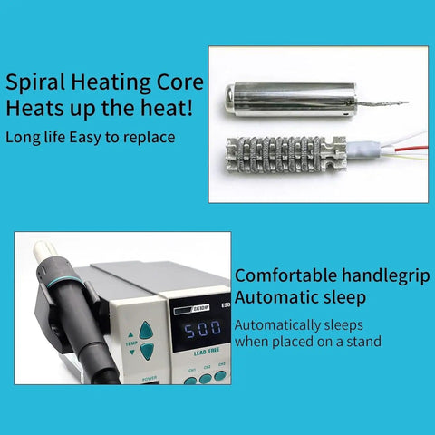High Power 1000W Hot Air Rework Station With Auto Sleep featuring spiral heating core and digital LCD display