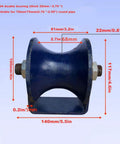 Front view of cast-iron U-groove track wheel with mounting bolts