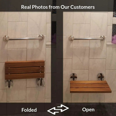 Heavy Duty 20 Inch Teak Wood Folding Shower Seat Wall Mounted Bench With Stainless Steel Frame and Chrome Hardware open and folded.