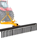 61 Inch Tow Behind Rock Rake For Lawn Tractor attached to tractor, heavy duty 3 point dethatcher with 360 degree rotation and steel tines.