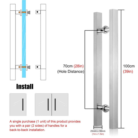 Barn Door Pull Handle For Sliding Doors Modern Square H Shape Push Pull Bar In 304 Stainless Steel Heavy Duty Silver 39 Inch Length Rust Resistant Easy Install With All Hardware.