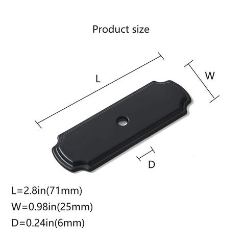 Diagram of 10 Pack Matte Black Cabinet Backplates For Knobs 2.8 Inch Long By 0.98 Inch Wide, showing dimensions and shape.