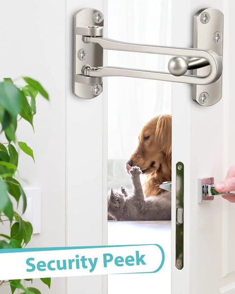 Thick Aluminum Alloy Swing Bar Door Lock Latch With Satin Nickel Finish For Home Security And Kidproof Privacy On Front And Interior Doors Reinforcement Stopper For Homes Hotels And Apartments installed on white door slightly open