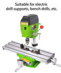 X Y Milling Slide Table For Bench Drills with dovetail slots and aluminum alloy work surface, attached to a green bench drill.