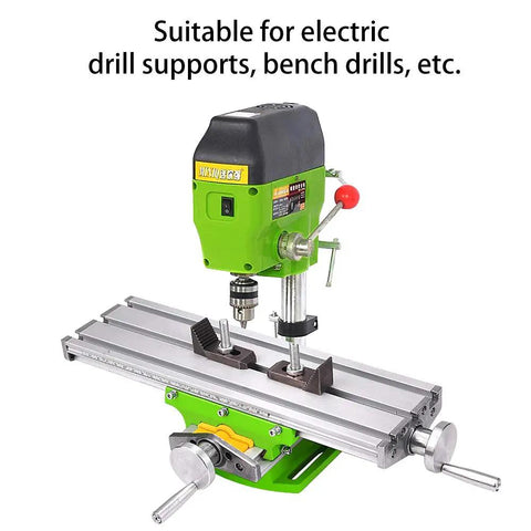 X Y Milling Slide Table For Bench Drills with dovetail slots and aluminum alloy work surface, attached to a green bench drill.