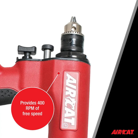 Close-up of 1/2-Inch Heavy Duty Reversible Composite Drill Air Tool With Keyed Chuck, Quiet Silencing Tech, 400 RPM, 0.7 HP, red color