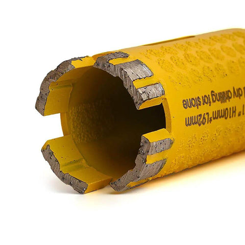 Casaverde 1-3/8 in diamond core drill bit for granite; yellow body with laser-welded diamond segments (close-up)