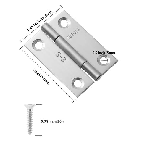 2 Inch Stainless Steel Butt Hinges Six Pack With 36 Screws 270 Degree Opening 304 Stainless Small Cabinet Hinges detail view