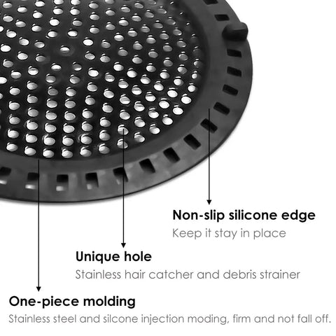 Detailed view of Heavy Duty Hair Catcher Shower Drain Protector And Tub Filter For Bathtub And Sink Made From Top Quality Stainless Steel With Gentle Silicone Border.