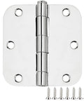 12 Pack 3.5 Inch Door Hinges With Rounded Ends And Polished Chrome Finish Includes 72 Long Mounting Screws laid flat on surface.