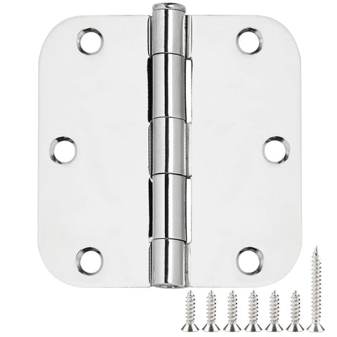 12 Pack 3.5 Inch Door Hinges With Rounded Ends And Polished Chrome Finish Includes 72 Long Mounting Screws for installation.