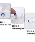 One Quarter Inch Locking Clips 50 Pack For Reverse Osmosis RO Water Line Quick Connect Fittings Blue Plastic Clips Easy To Use And Lock It Down RO System Fittings Non Toxic Material shown in installation steps; includes white tubing and fittings.