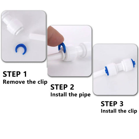 One Quarter Inch Locking Clips 50 Pack For Reverse Osmosis RO Water Line Quick Connect Fittings Blue Plastic Clips Easy To Use And Lock It Down RO System Fittings Non Toxic Material shown in installation steps; includes white tubing and fittings.